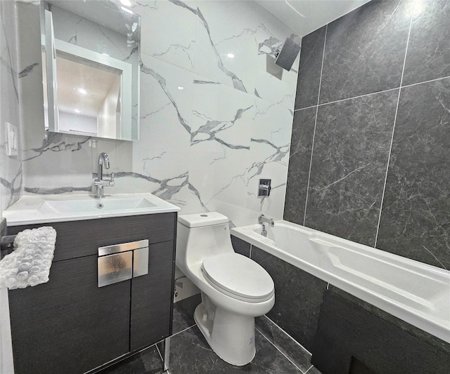 bathroom featuring vanity,  shower combination, toilet, and tile walls