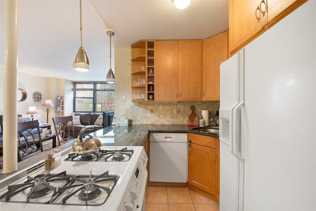 kitchen featuring backsplash, open shelves, a sink, open floor plan, and white appliances