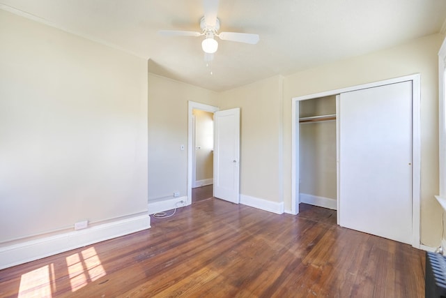3399 Ely Ave, Bronx, NY 10469 - unfurnished bedroom with baseboards, ceiling fan, wood finished floors, and a closet