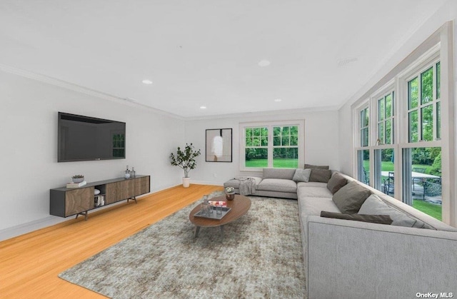 1 Breeze Hill Rd, Northport, NY 11768 - living room with crown molding, recessed lighting, baseboards, and wood finished floors
