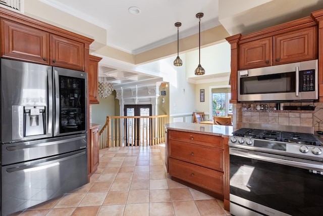 2035 Sans Ave, Merrick, NY 11566 - kitchen featuring light tile patterned flooring, hanging light fixtures, stainless steel appliances, tasteful backsplash, and ornamental molding