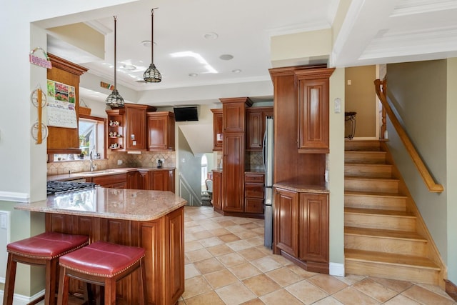 2035 Sans Ave, Merrick, NY 11566 - kitchen with brown cabinets, open shelves, backsplash, and a peninsula