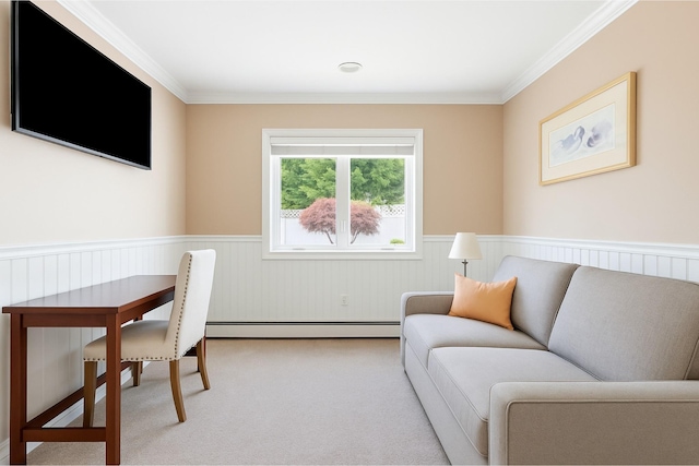 2035 Sans Ave, Merrick, NY 11566 - interior space with crown molding, a baseboard heating unit, carpet floors, and a wainscoted wall