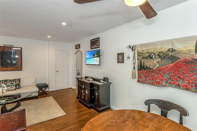 36-07 171st St Unit 36, Flushing, NY 11358 - living room with baseboards, ceiling fan, recessed lighting, arched walkways, and dark wood finished floors