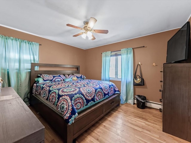 bedroom with light wood finished floors, baseboards, ceiling fan, and baseboard heating
