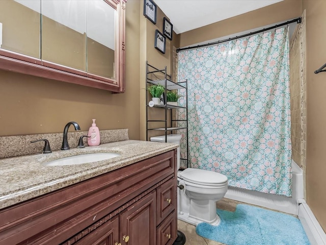 full bath featuring toilet, tile patterned floors, vanity, and shower / bath combination with curtain