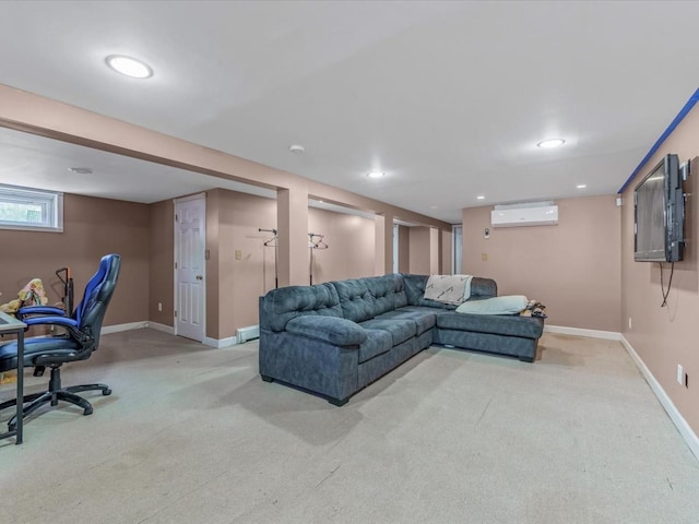 carpeted living area featuring a wall mounted air conditioner, baseboards, and recessed lighting