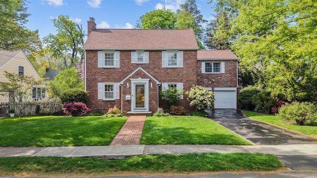 colonial-style house with an attached garage, a front lawn, aphalt driveway, and a chimney