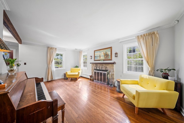 19 Donald St, East Williston, NY 11596 - living area featuring baseboard heating, hardwood / wood-style flooring, plenty of natural light, and crown molding