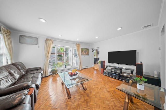 19 Donald St, East Williston, NY 11596 - living room with crown molding, recessed lighting, and a baseboard radiator