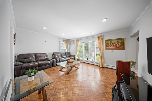 19 Donald St, East Williston, NY 11596 - living area featuring crown molding, a baseboard radiator, and recessed lighting