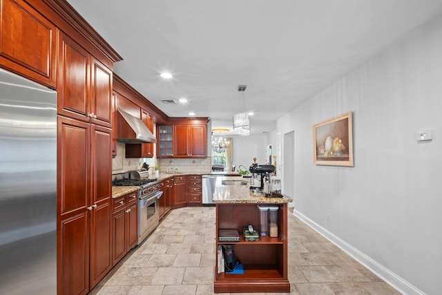 19 Donald St, East Williston, NY 11596 - kitchen featuring high end appliances, a peninsula, open shelves, a sink, and a chandelier