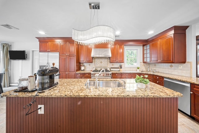 19 Donald St, East Williston, NY 11596 - kitchen with appliances with stainless steel finishes, a sink, tasteful backsplash, range hood, and a kitchen island with sink