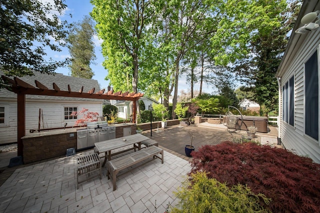 19 Donald St, East Williston, NY 11596 - view of patio / terrace featuring area for grilling, a wooden deck, a pergola, a grill, and outdoor dining space