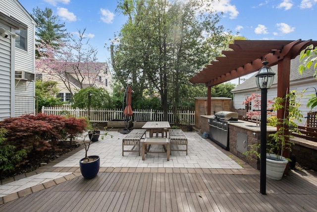 19 Donald St, East Williston, NY 11596 - deck with area for grilling, a pergola, a fenced backyard, outdoor dining space, and a sink
