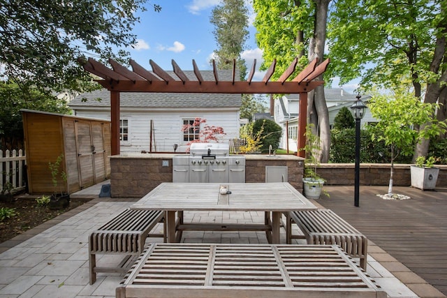 19 Donald St, East Williston, NY 11596 - view of patio / terrace featuring an outdoor kitchen, outdoor dining space, grilling area, a sink, and fence