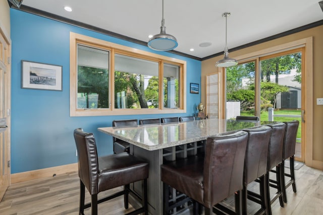 516 Asharoken Ave, Northport, NY 11768 - dining area with baseboards, crown molding, light wood-type flooring, and recessed lighting