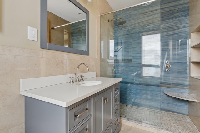 516 Asharoken Ave, Northport, NY 11768 - bathroom with tile walls, a shower stall, and vanity