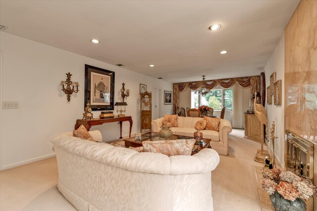 1603 Cynthia Ct, Hewlett, NY 11557 - living area with light carpet, recessed lighting, a chandelier, and baseboards