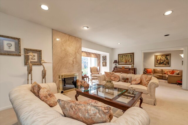 1603 Cynthia Ct, Hewlett, NY 11557 - living area featuring light colored carpet, recessed lighting, and a fireplace