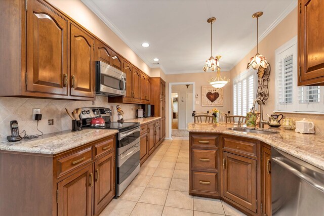 1603 Cynthia Ct, Hewlett, NY 11557 - kitchen featuring appliances with stainless steel finishes, a sink, light tile patterned floors, tasteful backsplash, and ornamental molding