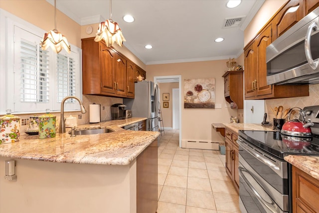 1603 Cynthia Ct, Hewlett, NY 11557 - kitchen with stainless steel appliances, a sink, ornamental molding, baseboard heating, and light stone counters