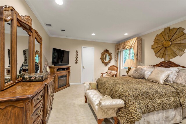 1603 Cynthia Ct, Hewlett, NY 11557 - bedroom with light carpet, crown molding, recessed lighting, a glass covered fireplace, and baseboards