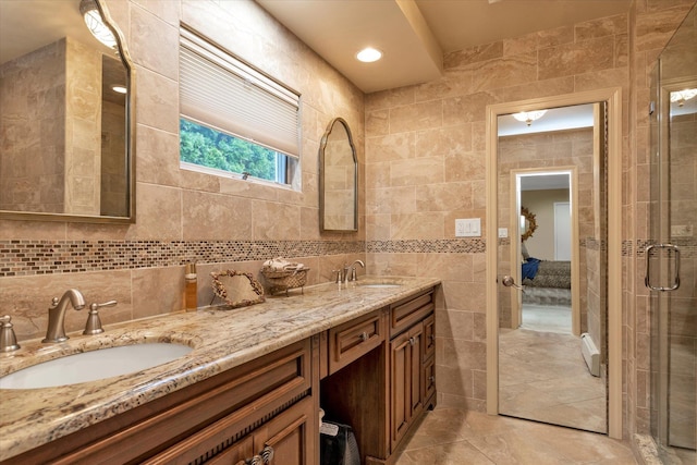 1603 Cynthia Ct, Hewlett, NY 11557 - bathroom with tile walls, tile patterned flooring, double vanity, and a stall shower