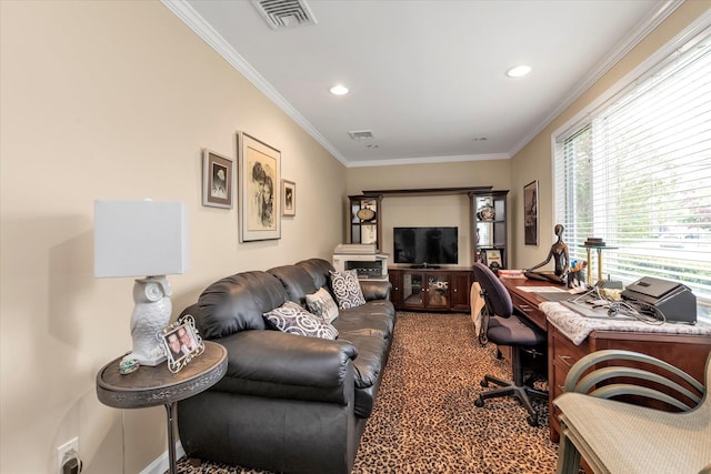 1603 Cynthia Ct, Hewlett, NY 11557 - home office featuring ornamental molding, carpet flooring, and recessed lighting