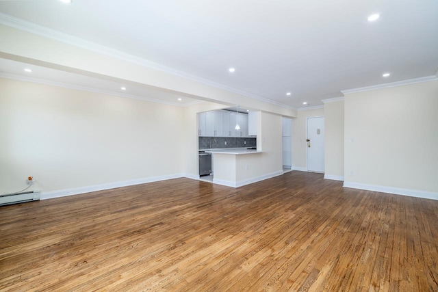 unfurnished living room with light wood-type flooring, baseboards, a baseboard radiator, ornamental molding, and recessed lighting