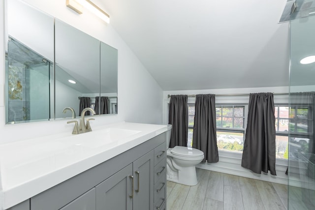 44 S Montgomery Ave, Bay Shore, NY 11706 - full bath with vaulted ceiling, vanity, toilet, recessed lighting, and a shower with shower door