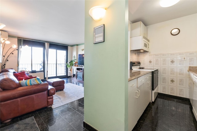 25-40 Shore Blvd Unit 6M, Astoria, NY 11102 - kitchen with electric stove, white microwave, granite finish floor, and open floor plan