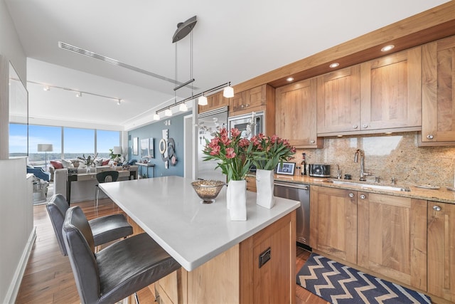 kitchen featuring appliances with stainless steel finishes, a sink, rail lighting, decorative backsplash, and dark wood-style floors