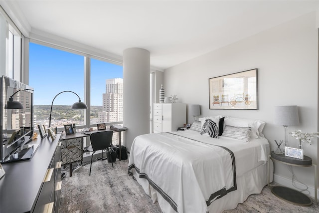 bedroom with baseboards and a city view
