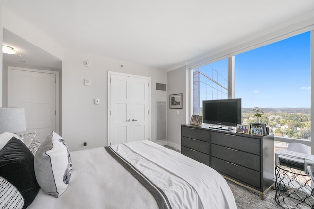 bedroom with visible vents, multiple windows, and a closet