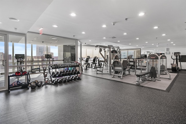 workout area with recessed lighting and floor to ceiling windows