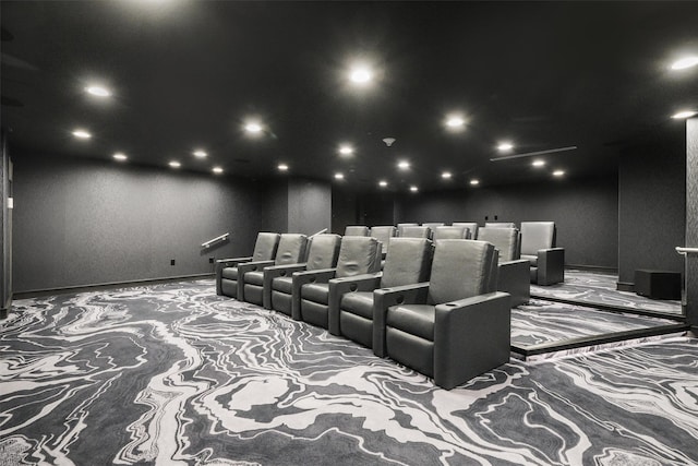 home theater room featuring carpet flooring