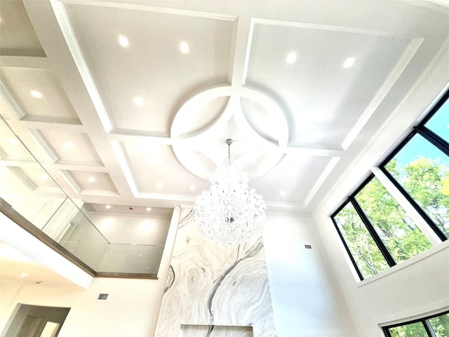 412 Mill River Rd, Oyster Bay, NY 11771 - details featuring recessed lighting, ornamental molding, coffered ceiling, and beam ceiling