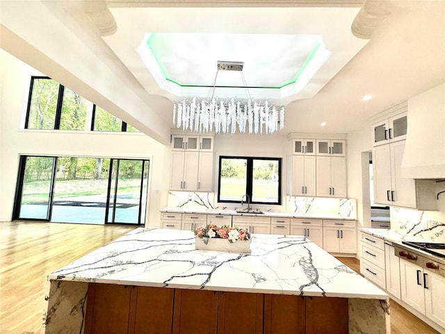 412 Mill River Rd, Oyster Bay, NY 11771 - kitchen with a sink, a raised ceiling, light wood-style floors, stainless steel gas cooktop, and backsplash