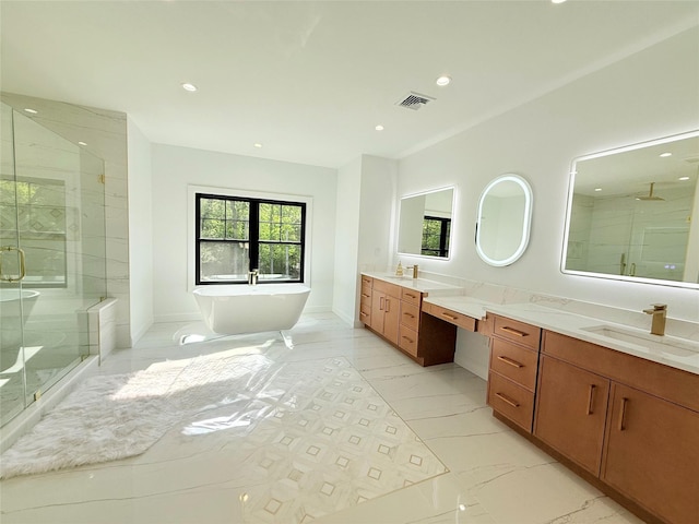 412 Mill River Rd, Oyster Bay, NY 11771 - bathroom featuring vanity, recessed lighting, a shower stall, a wealth of natural light, and visible vents