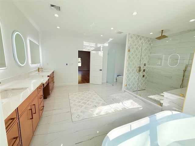 412 Mill River Rd, Oyster Bay, NY 11771 - full bathroom featuring a marble finish shower, recessed lighting, and marble finish floor