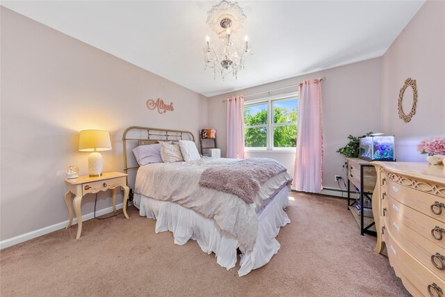 bedroom with a chandelier, light colored carpet, baseboards, and a baseboard radiator
