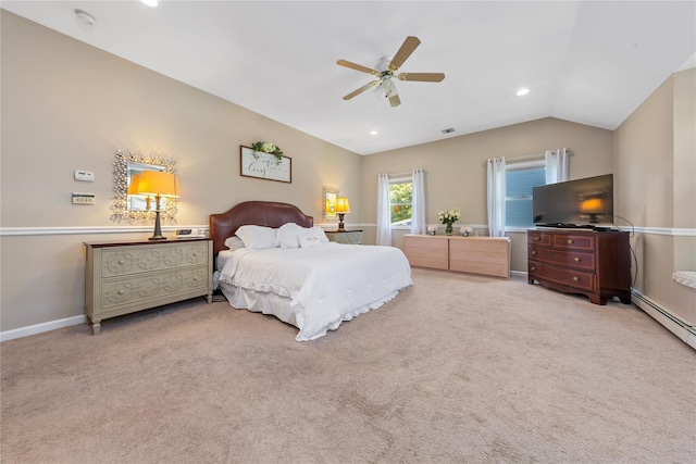 bedroom featuring lofted ceiling, carpet flooring, ceiling fan, recessed lighting, and baseboards