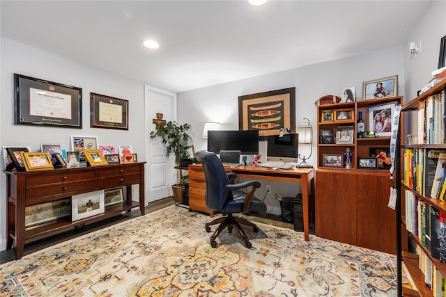 office area featuring recessed lighting and wood finished floors