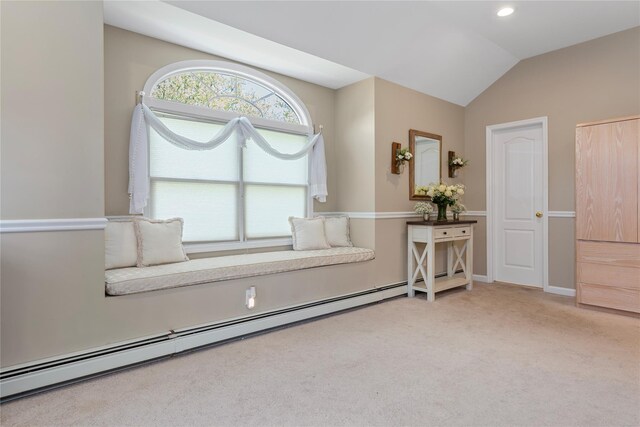 living area with a baseboard radiator, light carpet, lofted ceiling, and recessed lighting