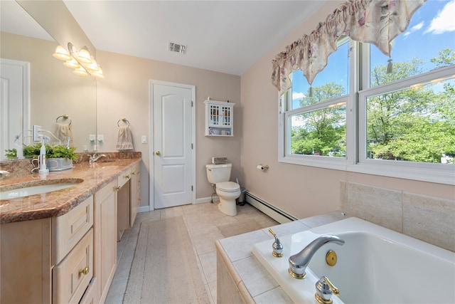 full bath with a baseboard radiator, a bath, toilet, double vanity, and baseboards