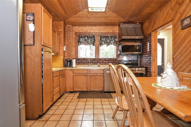 kitchen featuring a sink, wooden ceiling, appliances with stainless steel finishes, light countertops, and wooden walls