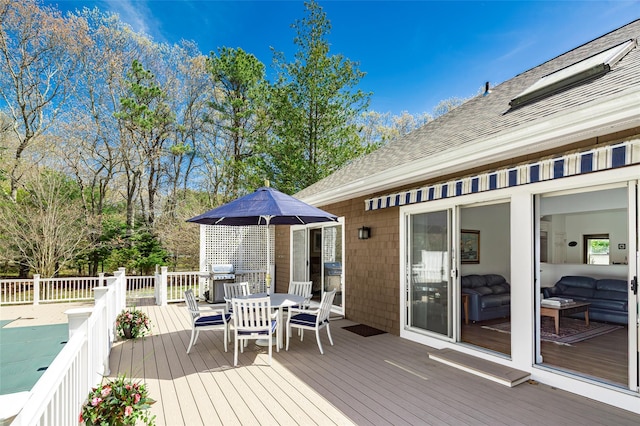 81 Lakeside Ln, Westhampton, NY 11977 - wooden terrace featuring outdoor dining space