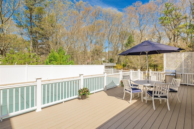 81 Lakeside Ln, Westhampton, NY 11977 - wooden deck with a fenced backyard, outdoor dining space, and grilling area