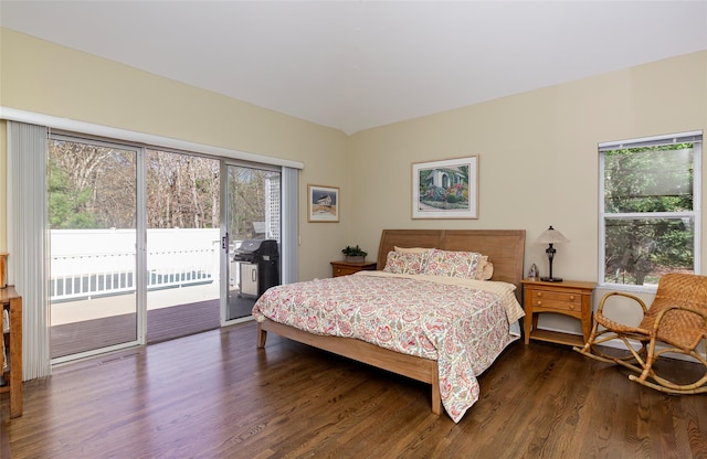81 Lakeside Ln, Westhampton, NY 11977 - bedroom featuring access to outside, vaulted ceiling, and dark wood-type flooring